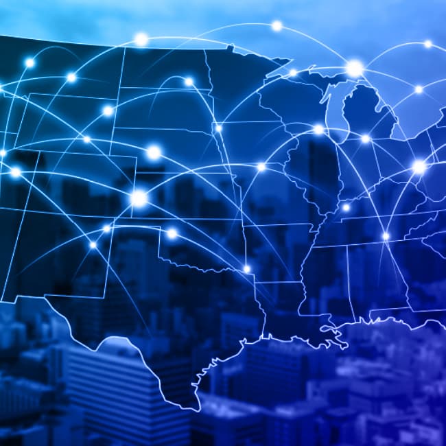 Map of US with locations connected by lines