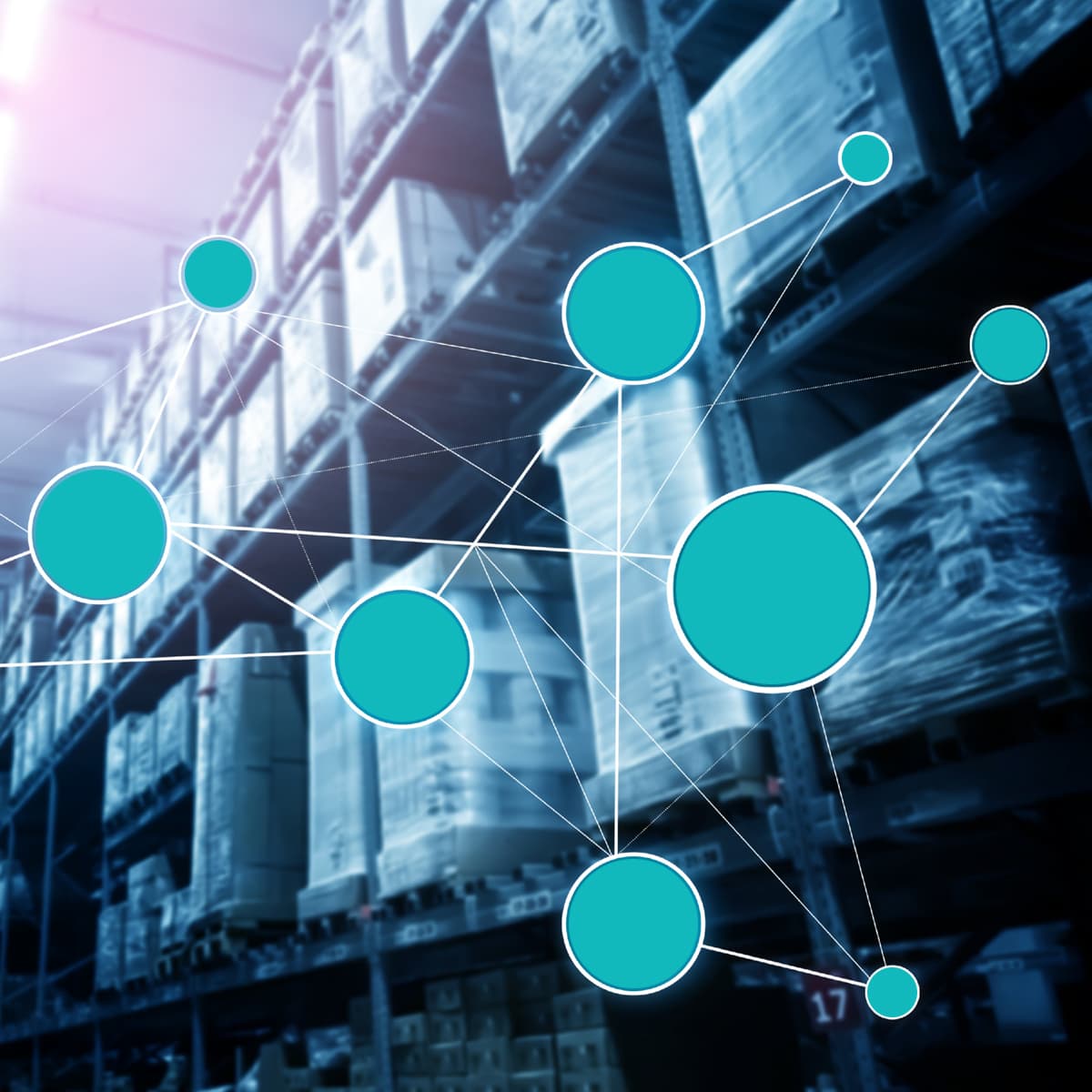 Interconnected graph diagram overlayed over a warehouse